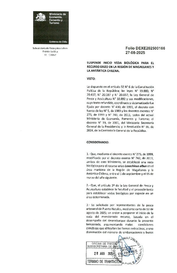 Dec. Ex. Folio 202500166 Suspende Inicio Veda Biológica para el Recurso Erizo en la Región de Magallanes y La Antártica Chilena. (Publicado en Página Web 29-08-2025)