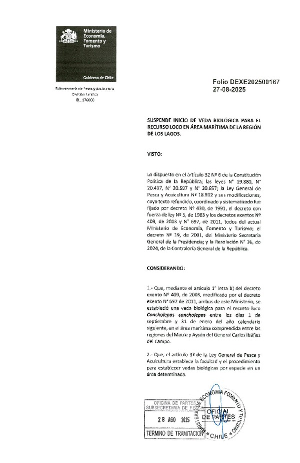 Dec. Ex. Folio 202500167 Suspende Inicio de Veda Biológica para el Recurso Loco, en la Región de Los Lagos. (Publicado en Página Web 29-08-2025)