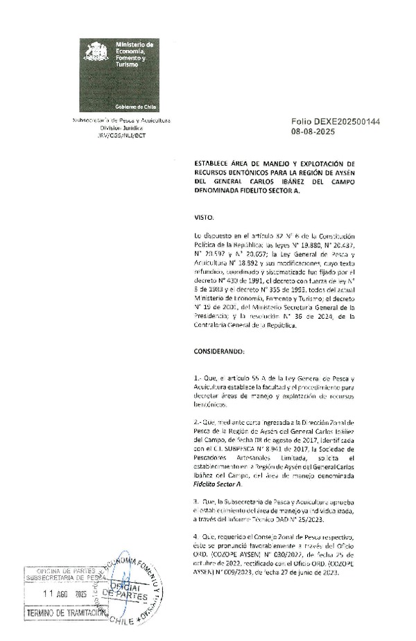Dec. Ex. N° Folio 202500144 Establece Área de Manejo y Explotación de Recursos Bentónicos Para la Región de Aysén del General Carlos Ibáñez del Campo Denominada Fidelito Sector A. (Publicado en Página Web 30-08-2025) (F.D.O. 30-08-2025)