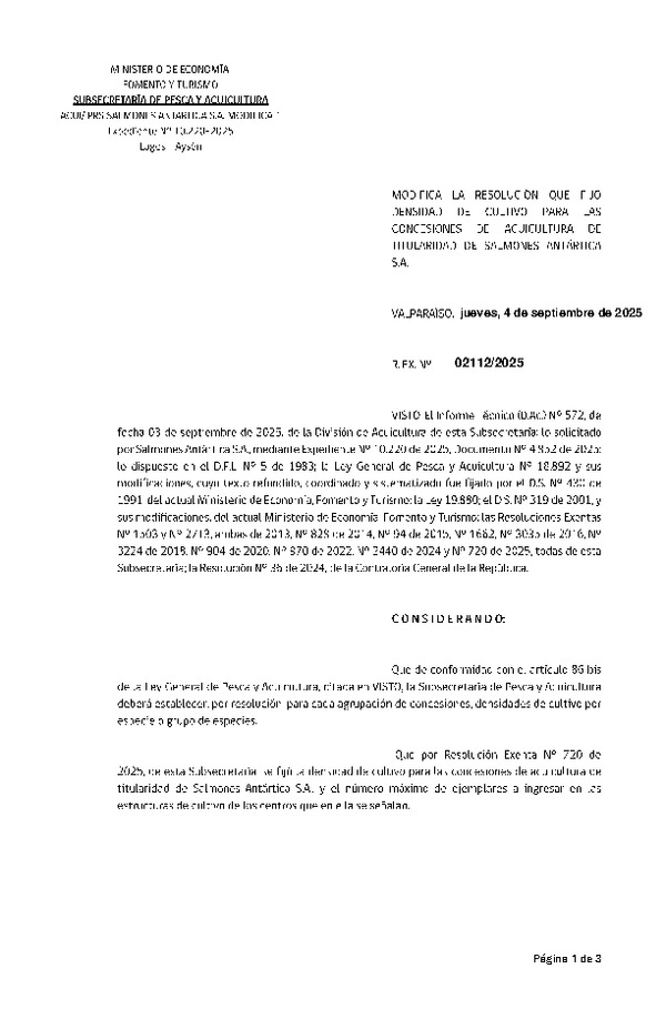 Res. Ex. N° 2112-2025 Modifica Res. Ex. Nº 720-2025 Fija densidad de cultivo para las concesiones de acuicultura de titularidad de Salmones Antártica S.A. Aprueba Programa de Manejo que Indica. (Con informe técnico) (Publicado en Página Web 05-09-2025)