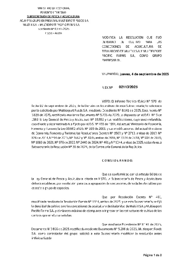 Res. Ex. N° 2113-2025 Modifica Res. Ex. N°461-2025 Fija densidad de cultivo para las concesiones de Acuicultura de Titularidad de Multi X S.A. y Multiexport Pacific Farms S.A., como grupo empresarial. Aprueba programa de manejo que indica. (Con informe Técnico) (Publicado en Página Web 05-09-2025)