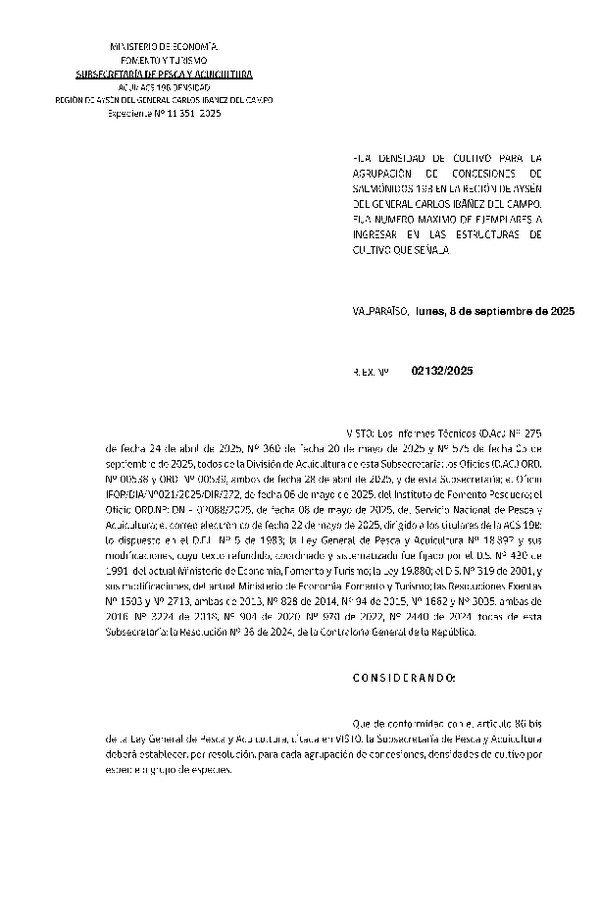 Res. Ex. N° 2132-2025 Fija densidad de cultivo para la agrupación de concesiones de salmónidos 19B en la Región de Aysén del General Carlos Ibáñez del Campo. Fija Número Máximo de Ejemplares a Ingresar en las Escrituras de Cultivo que Señala. (Con Informe Técnico) (Publicado en Página Web 09-09-2025)