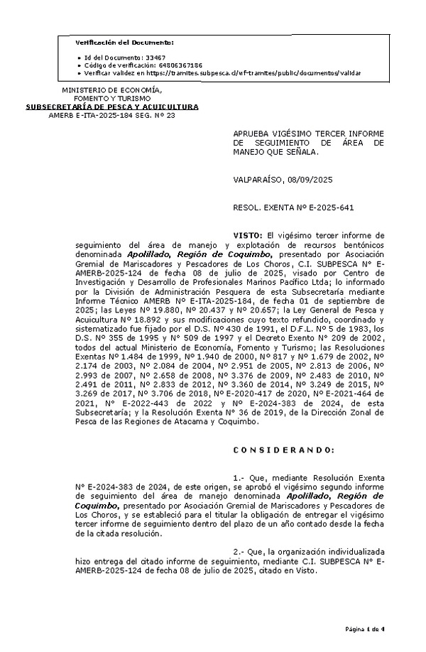 RESOL. EXENTA Nº E-2025-641 Aprueba vigésimo tercer informe de seguimiento. (Publicado en Página Web 09-09-2025)