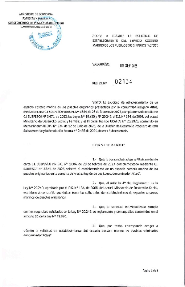 Res. Ex. N° 2134-2025 Acoge a trámite la solicitud de establecimiento de ECMPO "Altué". (Publicado en Página Web 10-09-2025)