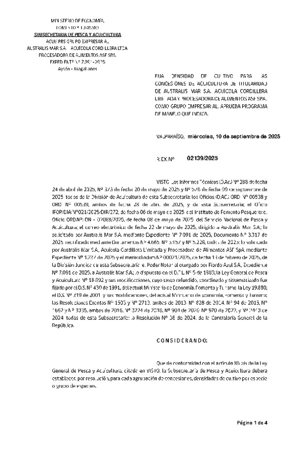 Res. Ex. N° 2139-2025 Fija densidad de cultivo para las concesiones de acuicultura de titularidad de Australis Mar S.A., Acuícola Cordillera Limitada y Procesadora de Alimentos ASF SpA., como grupo empresarial. Aprueba programa de manejo que indica. (Con Informe Técnico) (Publicado en Página Web 11-09-2025)