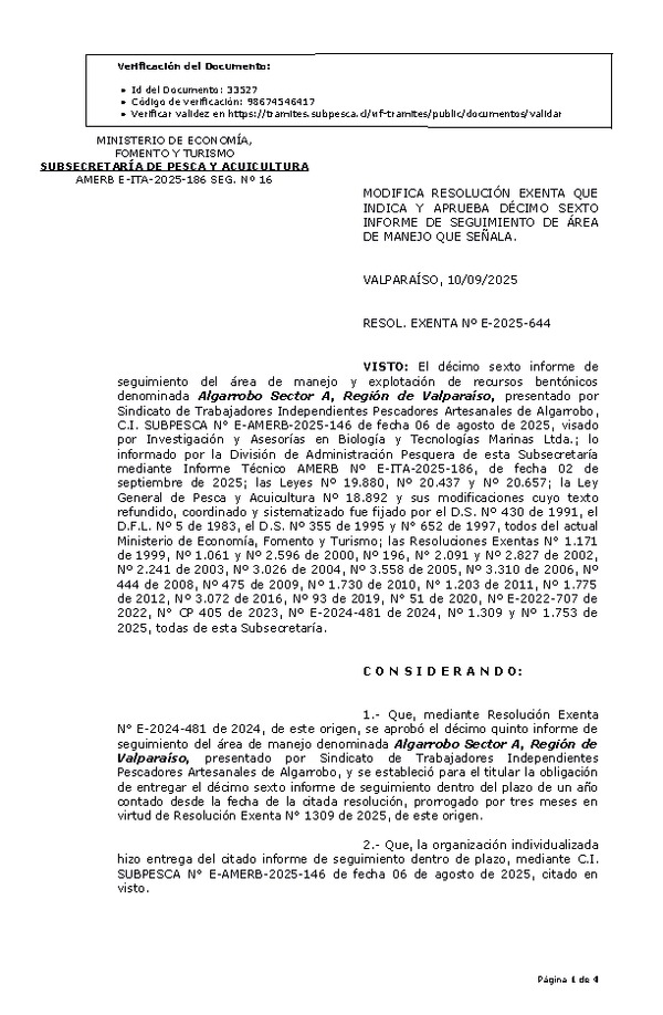 RESOL. EXENTA Nº E-2025-644 Modifica resolución que indica, Aprueba décimo sexto informe de seguimiento. (Publicado en Página Web 11-09-2025)