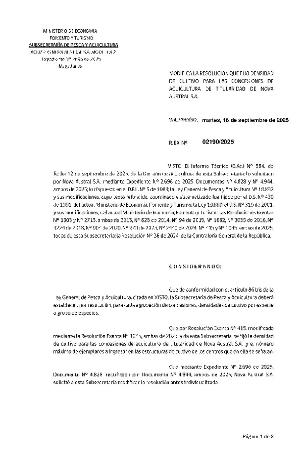 Res. Ex. N° 2190-2025 Modifica Res. Ex. N° 415-2025, Fija densidad de cultivo para las concesiones de titularidad de Nova Austral S.A. Aprueba programa de manejo que indica.(Con Informe Técnico)(Publicado en Página Web 17-09-2025)