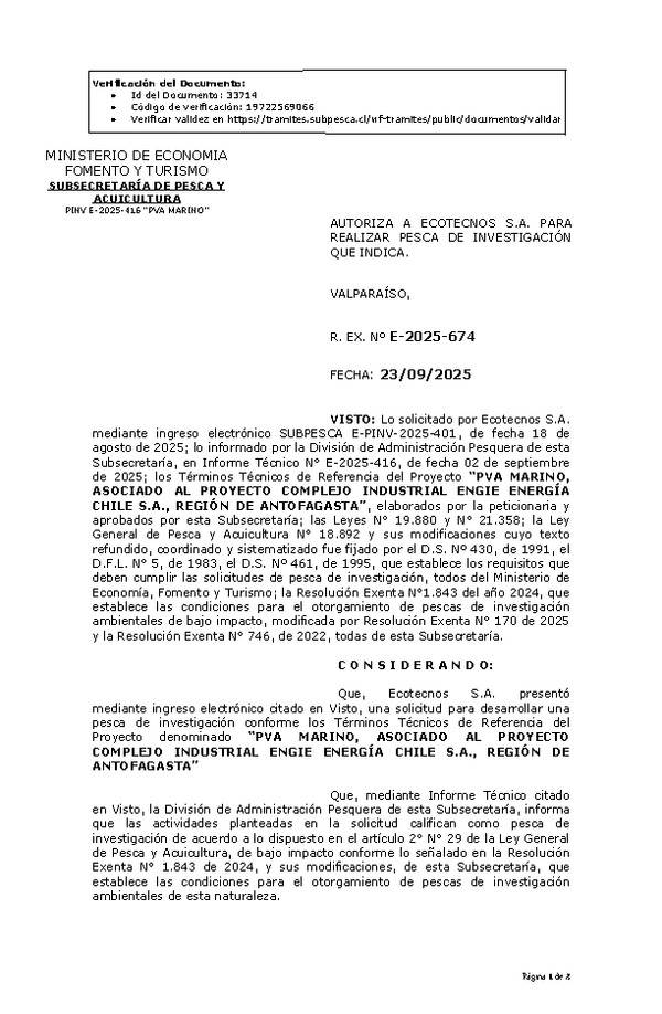R. EX. Nº E-2025-674 AUTORIZA A ECOTECNOS S.A. PARA REALIZAR PESCA DE INVESTIGACIÓN QUE INDICA. (Publicado en Página Web 23-09-2025)