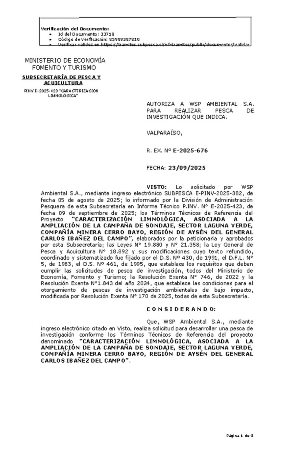 R. EX. Nº E-2025-676 AUTORIZA A WSP AMBIENTAL S.A. PARA REALIZAR PESCA DE INVESTIGACIÓN QUE INDICA. (Publicado en Página Web 23-09-2025)