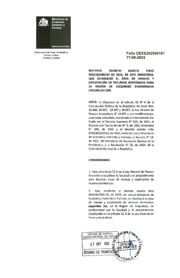 Dec. Ex. Folio 202500181 Rectifica Dec. Ex. N° Folio 202500133 Establece Área de Manejo y Explotación de Recursos Bentónicos Para la Región de Coquimbo Denominada Lagunillas Sur. (Publicado en Página Web 24-09-2025)