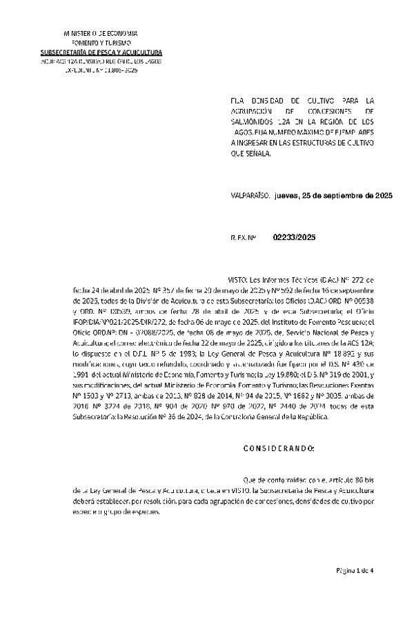 Res. Ex. N° 2233-2025 Fija densidad de cultivo para las concesiones salmónidos 12A en la Región de Los Lagos, Fija número máximo de ejemplares a ingresar en las estructuras de cultivo que señala. (Con Informe Técnico) (Publicado en Página Web 25-09-2025)