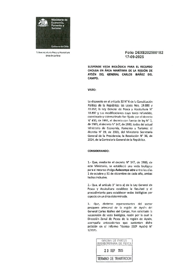 Dec. Ex. Folio 202500182 Suspende Veda Biológica para el Recurso Cholga en Área Marítima de la Región de Aysén del General Carlos Ibáñez del Campo. (Publicado en Página Web 01-10-2025)