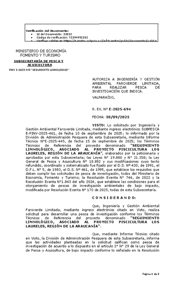 R. EX. N° E-2025-694 AUTORIZA A INGENIERÍA Y GESTIÓN AMBIENTAL FAROVERDE LIMITADA, PARA REALIZAR PESCA DE INVESTIGACIÓN QUE INDICA. (Publicado en Página Web 01-10-2025)