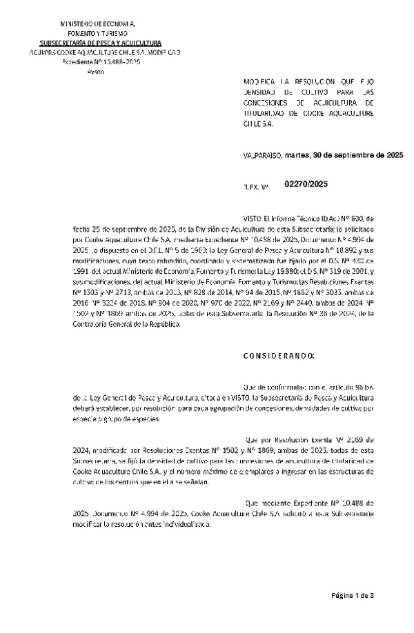 Res. Ex. N° 2270-2025 Modifica Res. Ex. N° 2169-2024 que Fijó densidad de cultivo para las concesiones de acuicultura de titularidad de Cooke Aquaculture Chile S.A.(Con Informe Técnico) (Publicado en Página Web 02-10-2025)