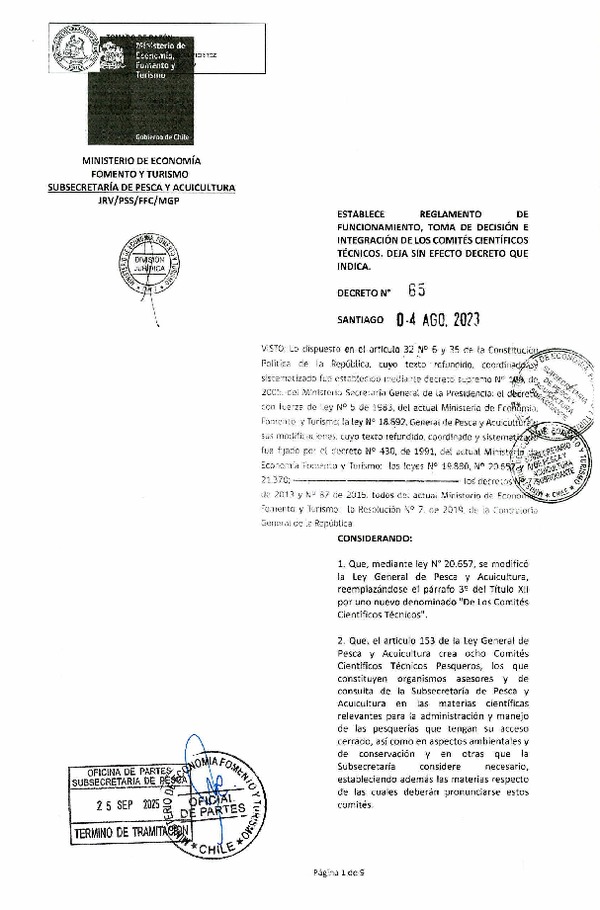 D.S. N° 65-2023 Establece Reglamento de Funcionamiento, Toma de Decisión e Integración de los Comités Científicos Técnicos. Deja sin Efecto Decreto que Indica. (Publicado en Página Web 09-10-2025) (F.D.O. 09-10-2025)