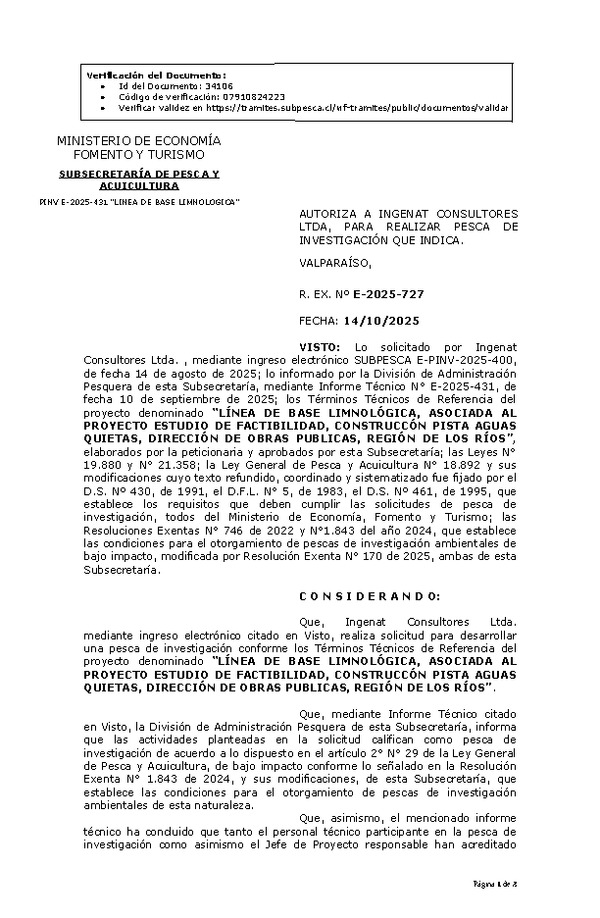 R. EX. N° E-2025-727 AUTORIZA A INGENAT CONSULTORES LTDA, PARA REALIZAR PESCA DE INVESTIGACIÓN QUE INDICA. (Publicado en Página Web 15-10-2025)