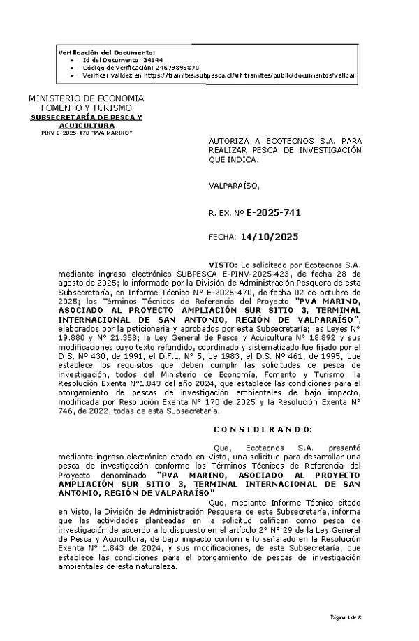 R. EX. N° E-2025-741 AUTORIZA A ECOTECNOS S.A. PARA REALIZAR PESCA DE INVESTIGACIÓN QUE INDICA. (Publicado en Página Web 15-10-2025)