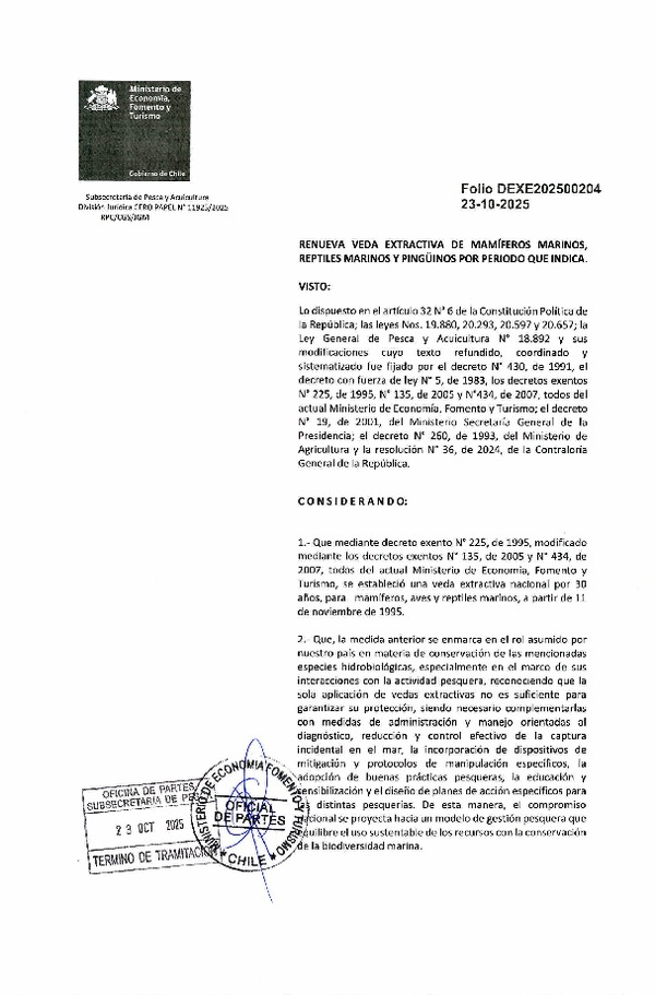 Dec. Ex. Folio 202500204 Renueva Veda Extractiva de Mamíferos Marinos, Reptiles Marinos y Pingüinos por Período que Indica. (Publicado en Página Web 24-10-2025)