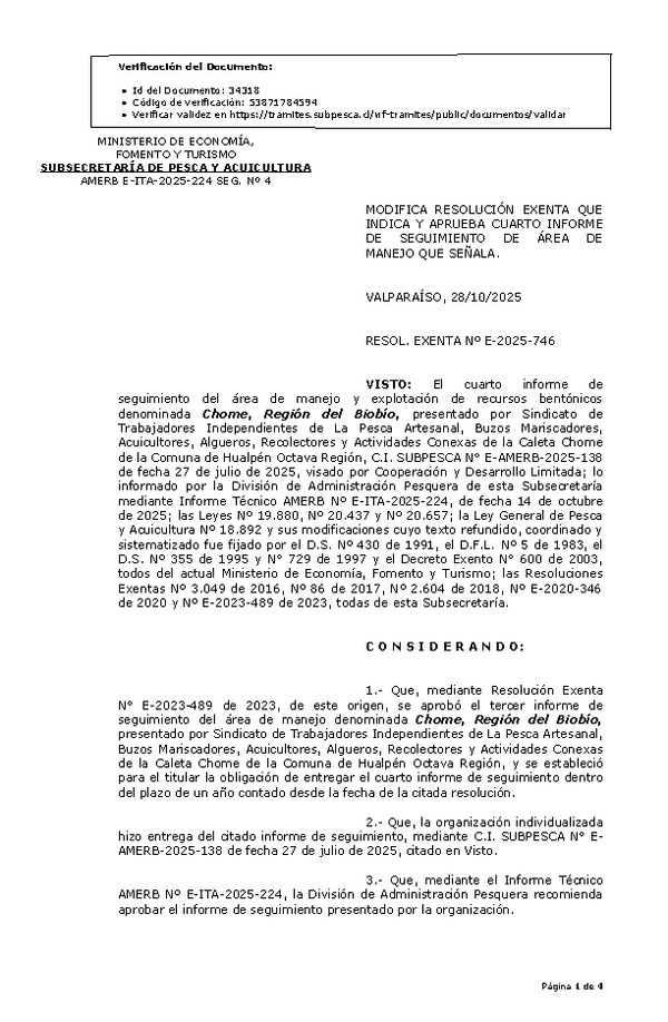 RESOL. EXENTA Nº E-2025-746 Modifica resolución que indica, aprueba cuarto informe de seguimiento. (Publicado en Página Web 28-10-2025)
