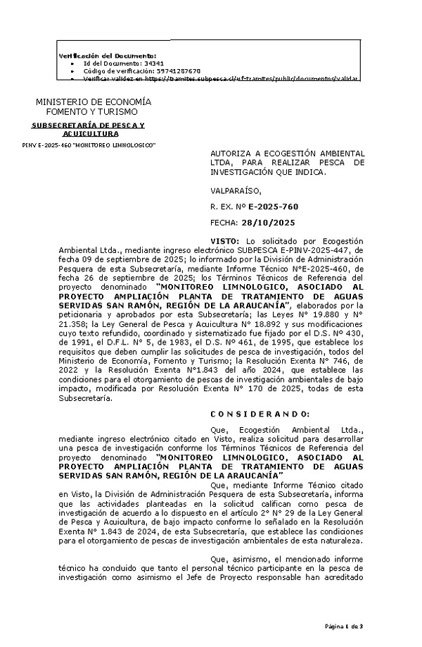 R. EX. Nº E-2025-760 AUTORIZA A ECOGESTIÓN AMBIENTAL LTDA, PARA REALIZAR PESCA DE INVESTIGACIÓN QUE INDICA. (Publicado en Página Web 29-10-2025)