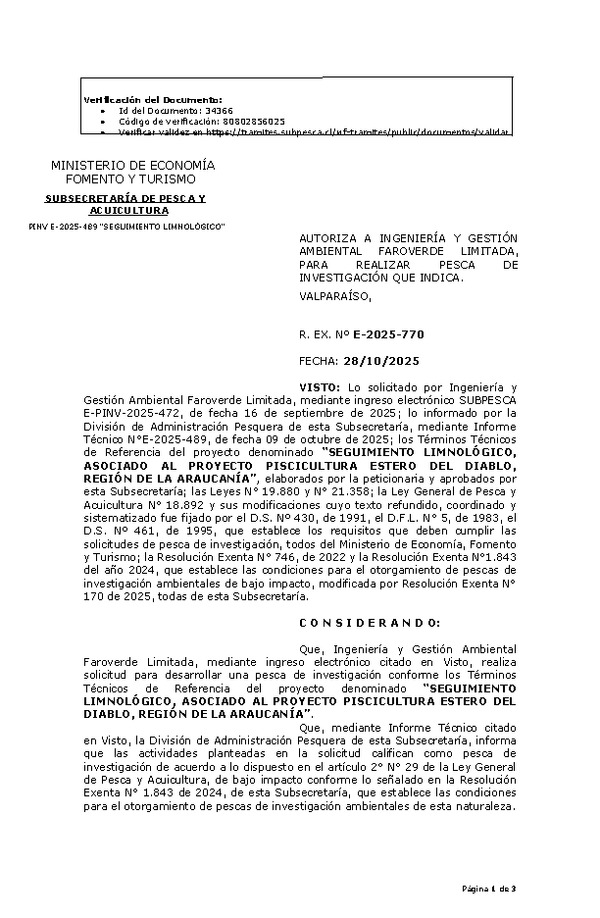R. EX. Nº E-2025-770 AUTORIZA A INGENIERÍA Y GESTIÓN AMBIENTAL FAROVERDE LIMITADA, PARA REALIZAR PESCA DE INVESTIGACIÓN QUE INDICA. (Publicado en Página Web 30-10-2025)
