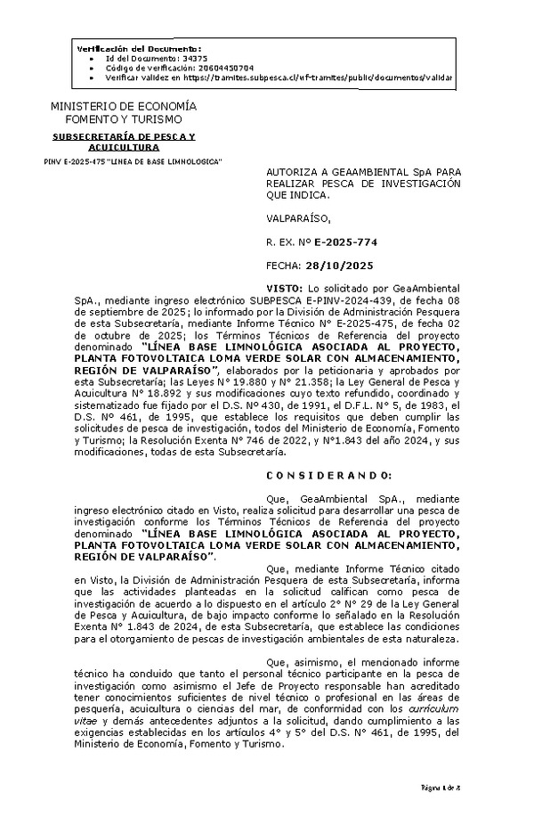 R. EX. Nº E-2025-774 AUTORIZA A GEAAMBIENTAL SpA PARA REALIZAR PESCA DE INVESTIGACIÓN QUE INDICA. (Publicado en Página Web 30-10-2025)