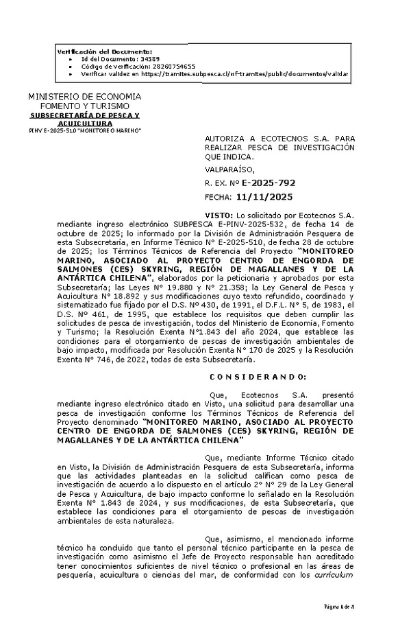 R. EX. Nº E-2025-792 AUTORIZA A ECOTECNOS S.A. PARA REALIZAR PESCA DE INVESTIGACIÓN QUE INDICA. (Publicado en Página Web 12-11-2025)