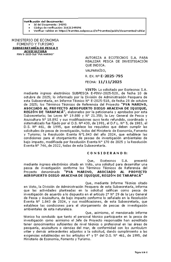R. EX. Nº E-2025-795 AUTORIZA A ECOTECNOS S.A. PARA REALIZAR PESCA DE INVESTIGACIÓN QUE INDICA. (Publicado en Página Web 12-11-2025)