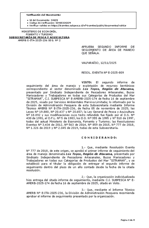 RESOL. EXENTA Nº E-2025-809 Aprueba segundo informe de seguimiento. (Publicado en Página Web 13-11-2025)
