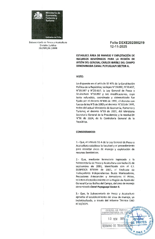 Dec. Ex. N° Folio 202500219 Establece Área de Manejo y Explotación de Recursos Bentónicos para la Región de Aysén del General Carlos Ibáñez del Campo Denominada Canal Puyuguapi Sector A. (Publicado en Página Web 13-11-2025)