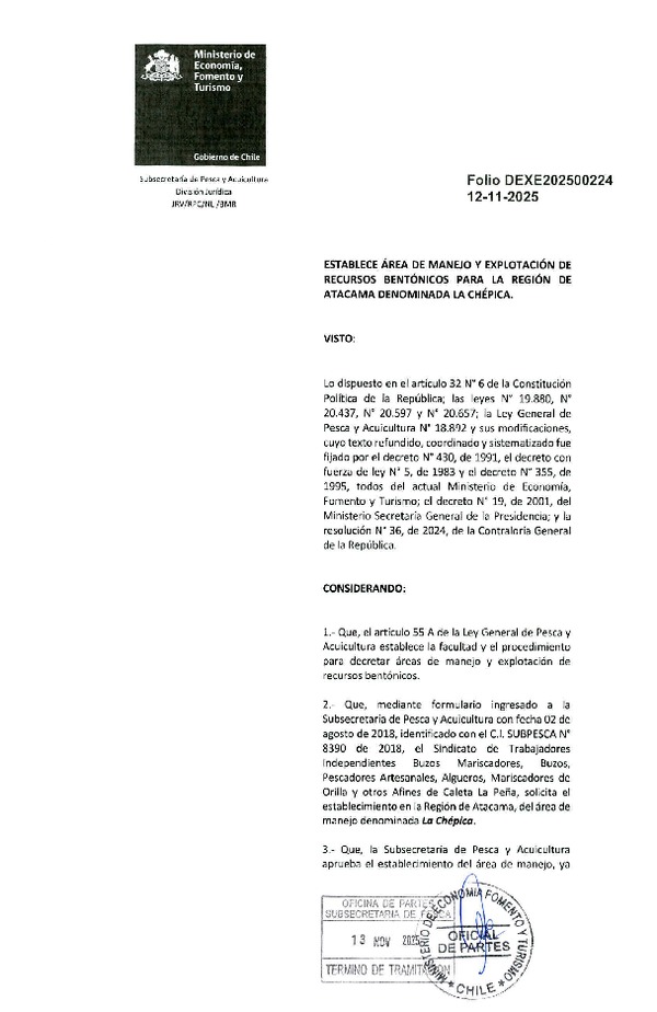 Dec. Ex. N° Folio 202500224 Establece Área de Manejo y Explotación de Recursos Bentónicos para la Región de Atacama Denominada La Chépica. (Publicado en Página Web 14-11-2025)