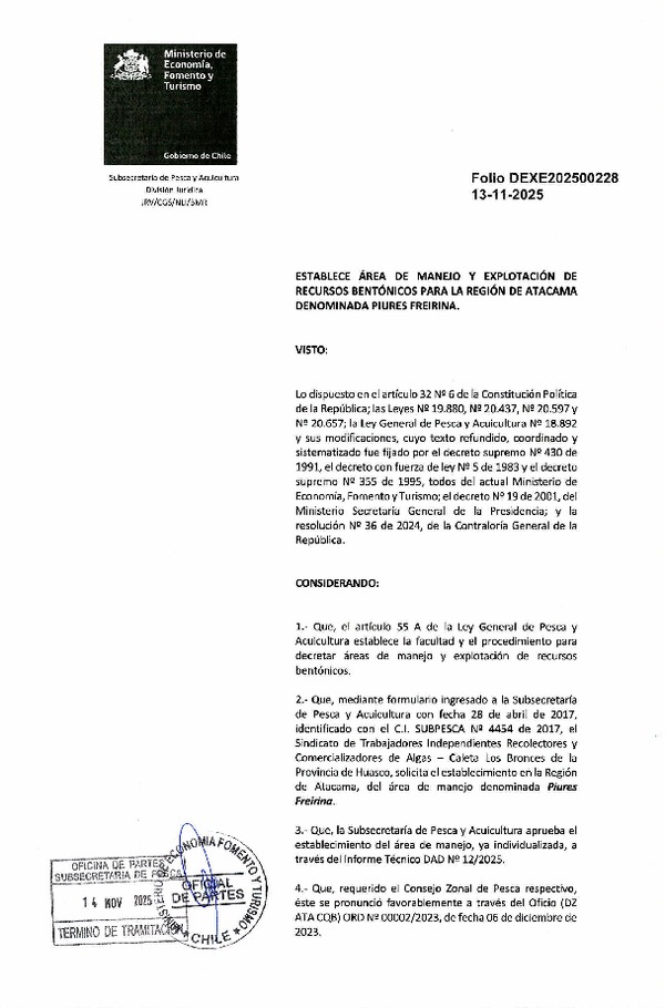 Dec. Ex. N° Folio 202500228 Establece Área de Manejo y Explotación de Recursos Bentónicos para la Región de Atacama Denominada Piures Freirina. (Publicado en Página Web 14-11-2025)
