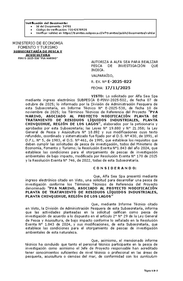 R. EX. Nº E-2025-822 AUTORIZA A ALFA SEA PARA REALIZAR PESCA DE INVESTIGACIÓN QUE INDICA. (Publicado en Página Web 18-11-2025)