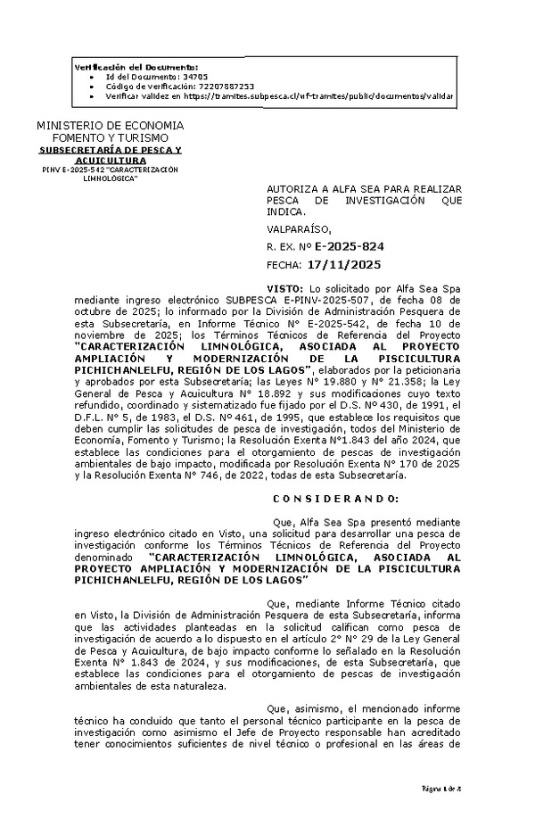 R. EX. Nº E-2025-824 AUTORIZA A ALFA SEA PARA REALIZAR PESCA DE INVESTIGACIÓN QUE INDICA. (Publicado en Página Web 18-11-2025)