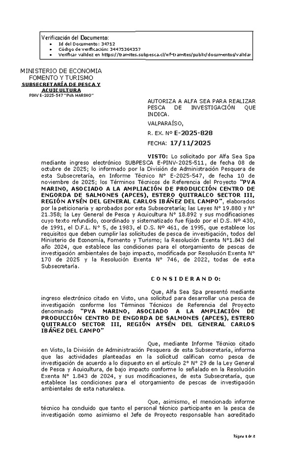 R. EX. Nº E-2025-828 AUTORIZA A ALFA SEA PARA REALIZAR PESCA DE INVESTIGACIÓN QUE INDICA. (Publicado en Página Web 18-11-2025)