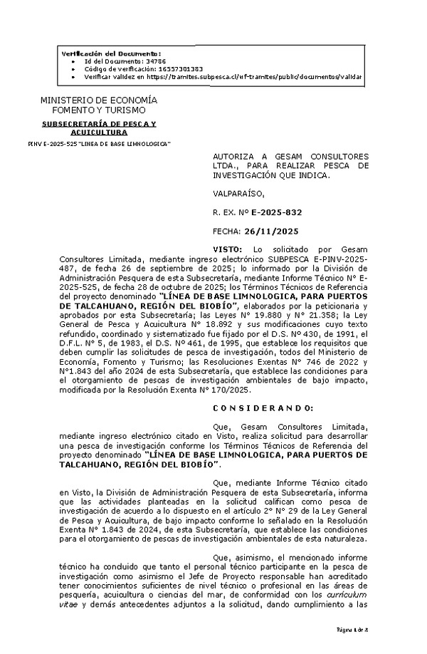 R. EX. Nº E-2025-832 AUTORIZA A GESAM CONSULTORES LTDA., PARA REALIZAR PESCA DE INVESTIGACIÓN QUE INDICA. (Publicado en Página Web 26-11-2025)