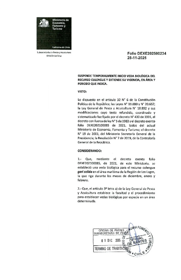Dec. Ex. Folio DEXE202500234 Suspende Temporalmente Inicio Veda Biológica del Recurso Culengue y Extiende su Vigencia, en Área y Período que Indica. (Publicado en Página Web 01-12-2025)