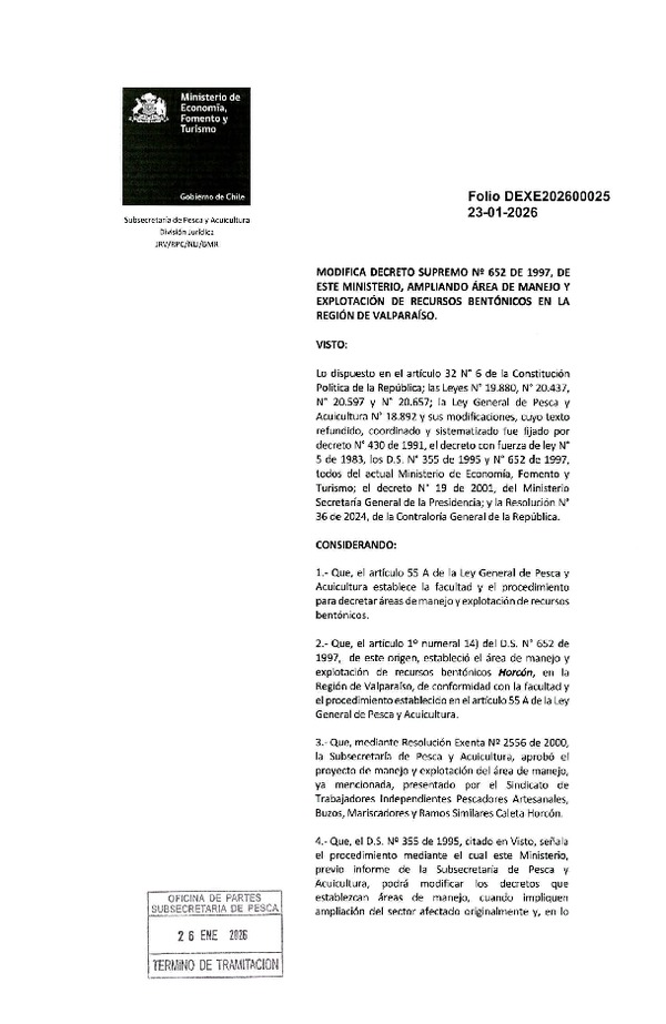 Dec. Ex. Folio 202600025 Modifica D.S. N° 652-1997 en el Sentido de Ampliar Área de Manejo y Explotación de Recursos Bentónicos en la Región de Valparaíso. (Publicado en Página Web 27-01-2026)(F.D.O. 09-02-2026)