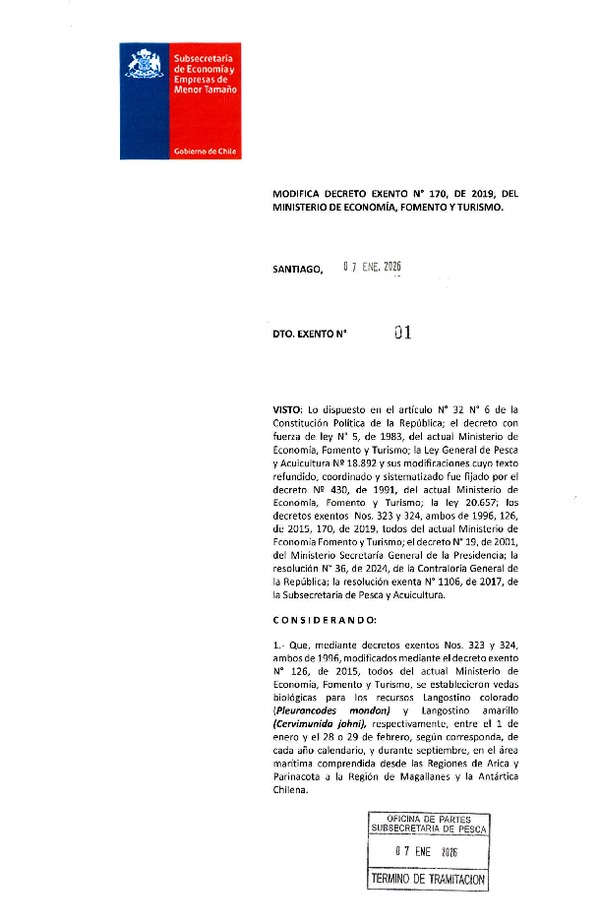 Dec. Ex. N° 01-2026 Modifica Dec. Ex. N° 170-2019 Establece Porcentaje de Desembarque de Langostino Colorado y Langostino Amarillo Como Fauna Acompañante de Especie que Indica. (Publicado en Página Web 04-02-2026)(F.D.O. 11-02-2026)