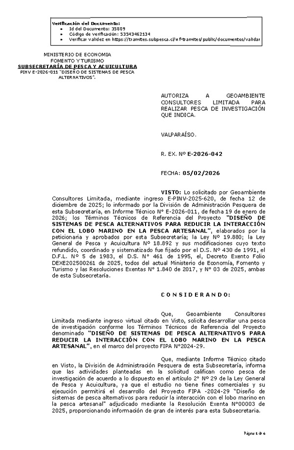 R. EX. Nº E-2026-042 AUTORIZA A GEOAMBIENTE CONSULTORES LIMITADA PARA REALIZAR PESCA DE INVESTIGACIÓN QUE INDICA. (Publicado en Página Web 05-02-2026).