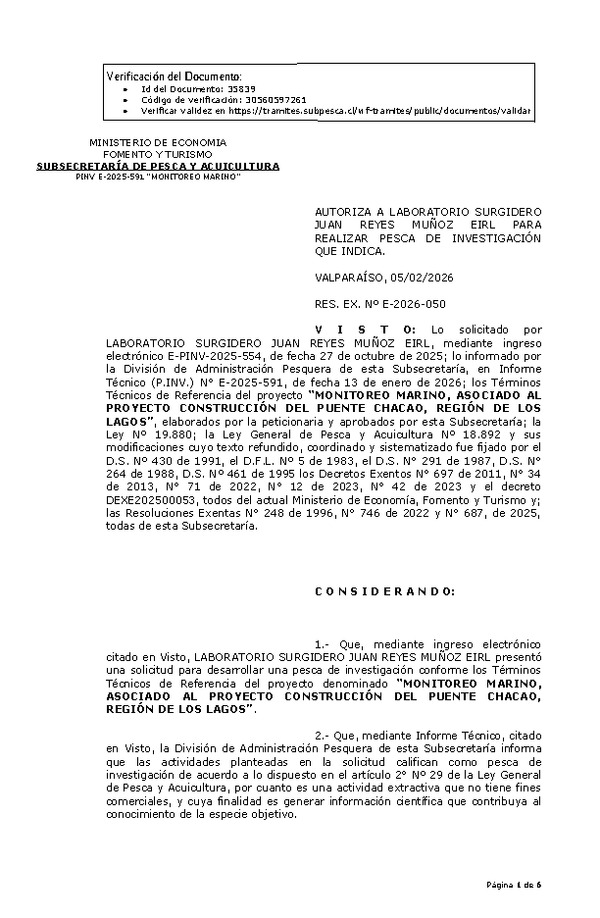 R. EX. Nº E-2026-050 AUTORIZA A LABORATORIO SURGIDERO JUAN REYES MUÑOZ EIRL PARA REALIZAR PESCA DE INVESTIGACIÓN QUE INDICA. (Publicado en Página Web 05-02-2026).