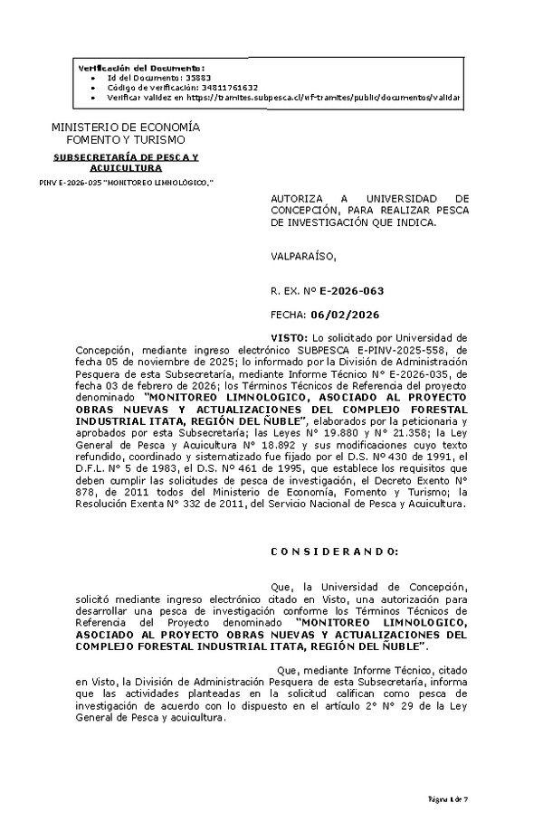 R. EX. Nº E-2026-063 AUTORIZA A UNIVERSIDAD DE CONCEPCIÓN, PARA REALIZAR PESCA DE INVESTIGACIÓN QUE INDICA. (Publicado en Página Web 06-02-2026).