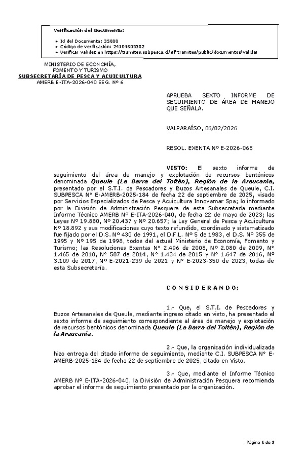 RESOL. EXENTA Nº E-2026-065 Aprueba sexto informe de seguimiento. (Publicado en Página Web 06-02-2026)