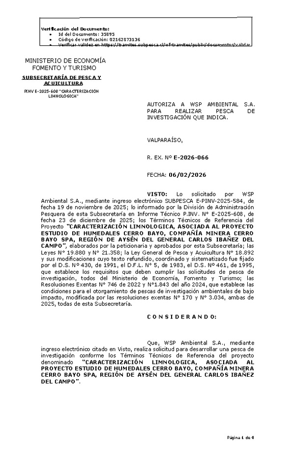 R. EX. Nº E-2026-066 AUTORIZA A WSP AMBIENTAL S.A. PARA REALIZAR PESCA DE INVESTIGACIÓN QUE INDICA. (Publicado en Página Web 06-02-2026).