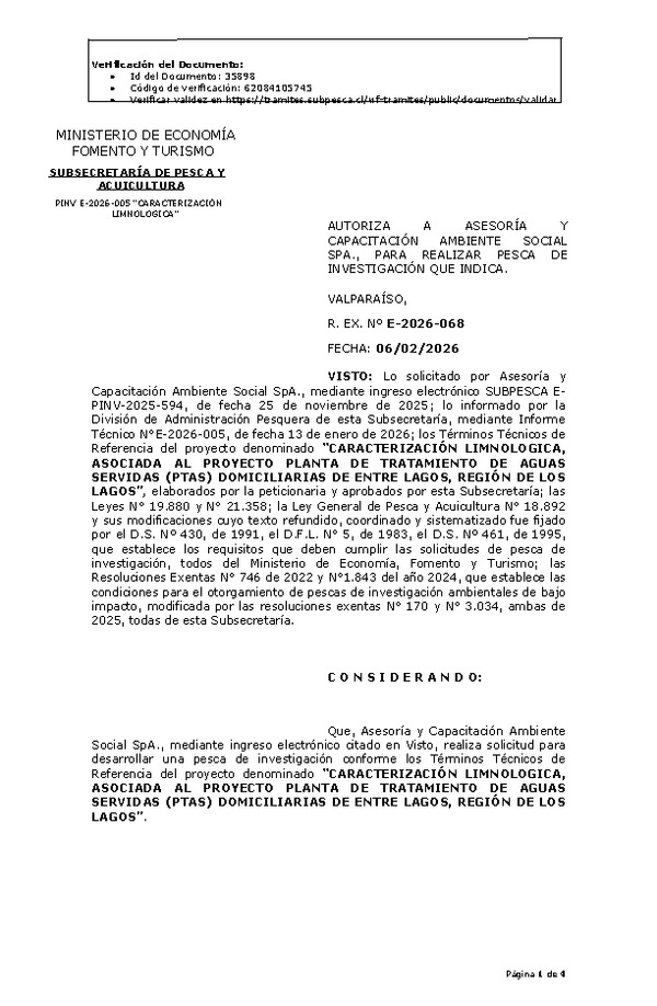 R. EX. Nº E-2026-068 AUTORIZA A ASESORÍA Y CAPACITACIÓN AMBIENTE SOCIAL SPA., PARA REALIZAR PESCA DE INVESTIGACIÓN QUE INDICA. (Publicado en Página Web 06-02-2026).