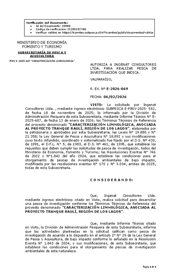 R. EX. Nº E-2026-069 AUTORIZA A INGENAT CONSULTORES LTDA, PARA REALIZAR PESCA DE INVESTIGACIÓN QUE INDICA. (Publicado en Página Web 06-02-2026).