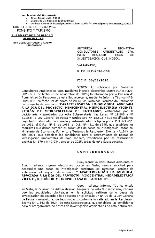 R. EX. Nº E-2026-089 AUTORIZA A BIONATIVA CONSULTORES AMBIENTALES SPA, PARA REALIZAR PESCA DE INVESTIGACIÓN QUE INDICA. (Publicado en Página Web 10-02-2026).