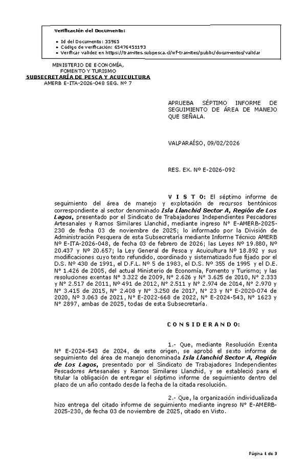 RES. EX. Nº E-2026-092 Aprueba 7º seguimiento. (Publicado en Página Web 10-02-2026).