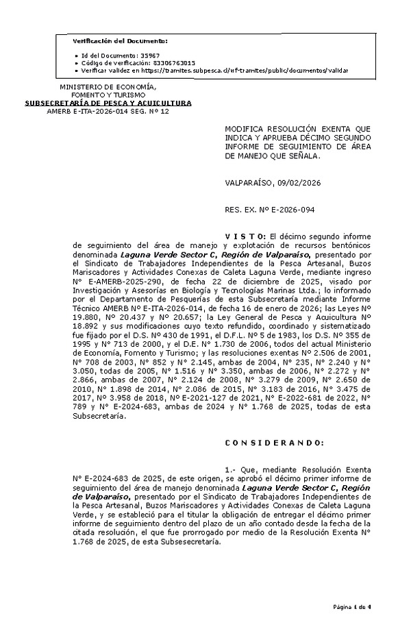 RESOL. EXENTA Nº E-2024-094 Modifica resolución que indica. Aprueba 12º informe de seguimiento. (Publicado en Página Web 10-02-2026)