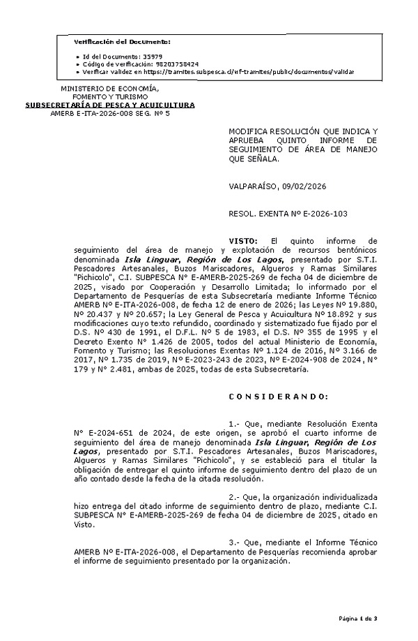 RES. EX. Nº E-2026-103 Modifica resolución que indica. Aprueba 5º informe de seguimiento. (Publicado en Página Web 10-02-2026)